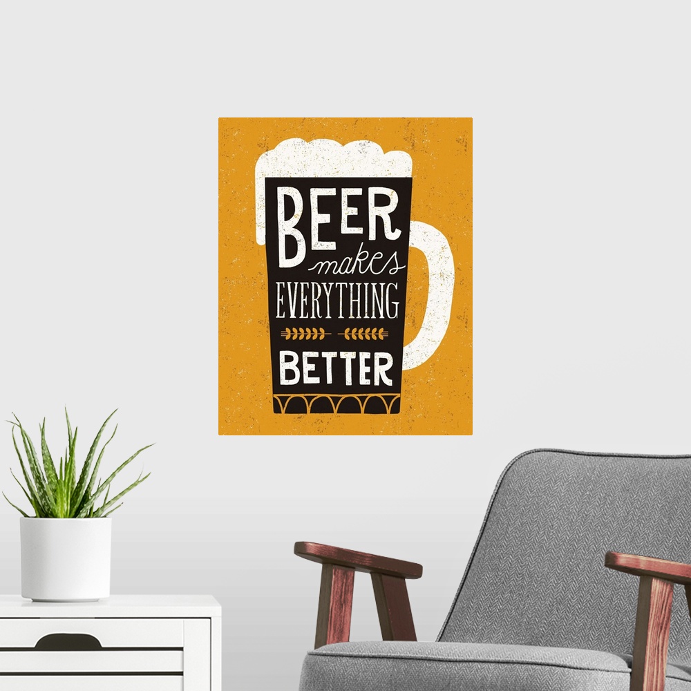 A modern room featuring Fun typography artwork in the shape of a beer mug.