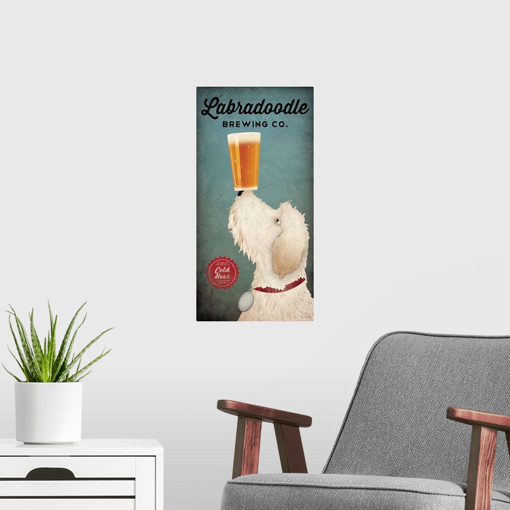 A modern room featuring Artwork of a white goldendoodle dog balancing a beer on its nose.