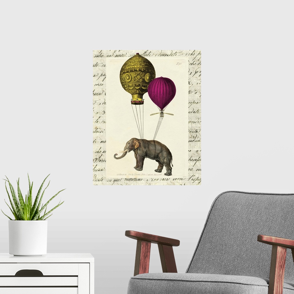 A modern room featuring Fun and whimsical, this elephant with vibrant colored balloons tied to its back makes fun and sty...