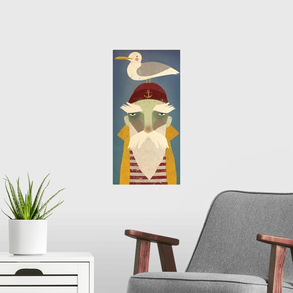 A modern room featuring Artwork of a sailor with a white beard and a seagull on his head.