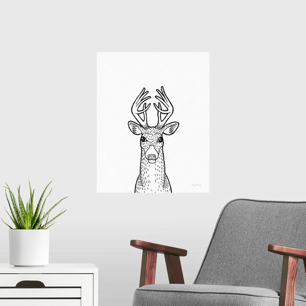 A modern room featuring A black and white illustration of a deer on a textured white background.