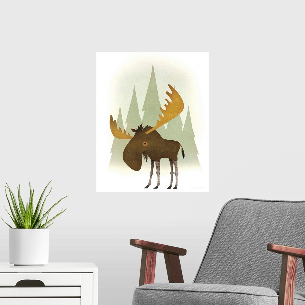 A modern room featuring Illustration of a moose in front of green trees.