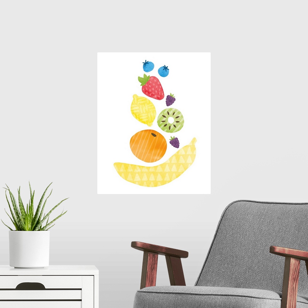 A modern room featuring Watercolor painting of fruit stacked on top of each other, each with their own patterned design.