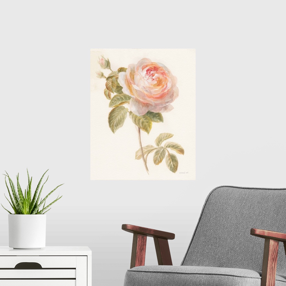 A modern room featuring Contemporary artwork of watercolor garden flower over a soft textured background.