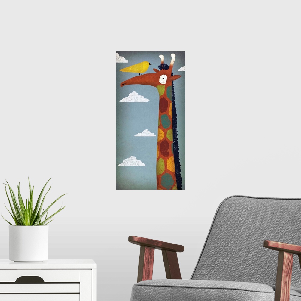 A modern room featuring Cute illustration of a giraffe with colorful spots and a yellow bird on its nose.