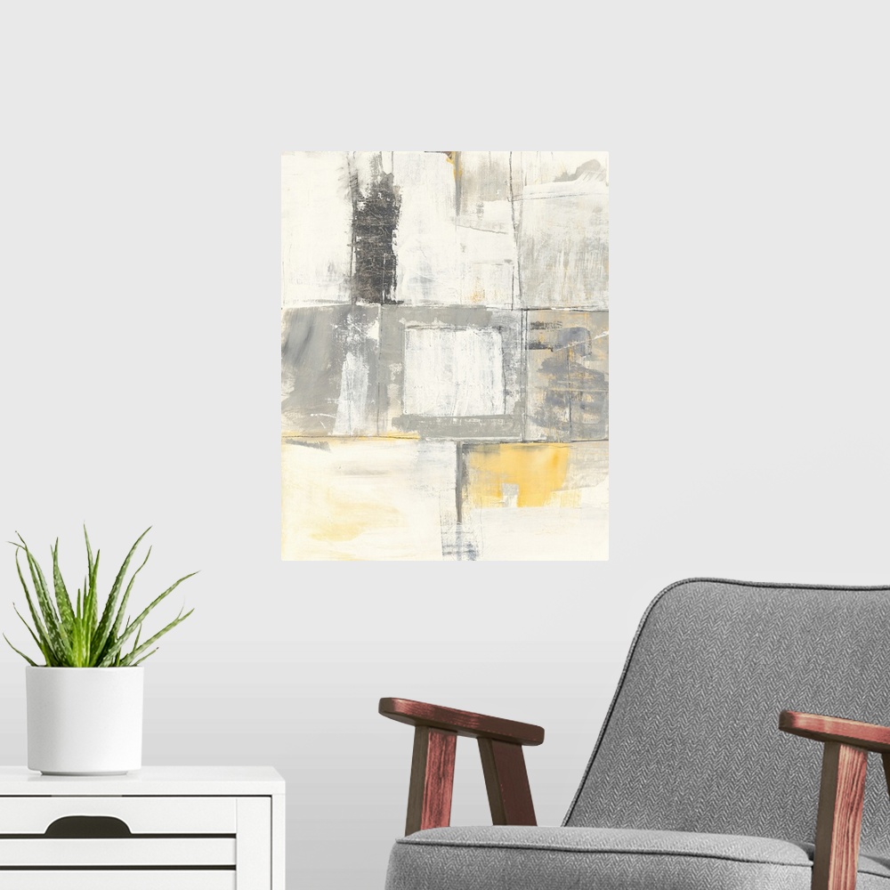 A modern room featuring A muted vertical abstract featuring square shapes and yellow accents.