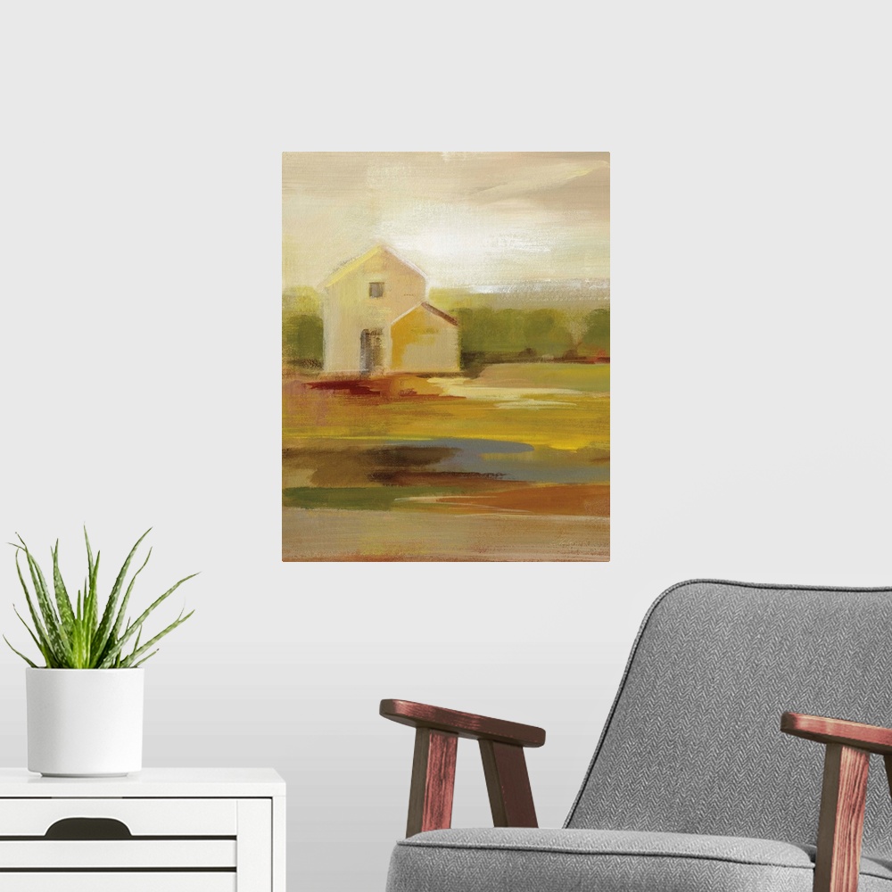 A modern room featuring Contemporary painting of a barn with a colorful landscape made with an impressionist style.