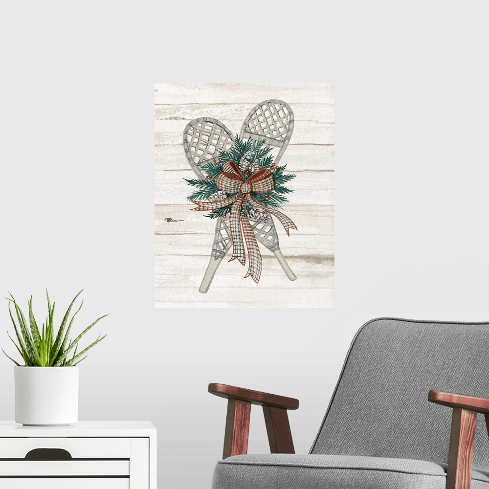 A modern room featuring Holiday wreath with snowshoes on a off white planked wall.