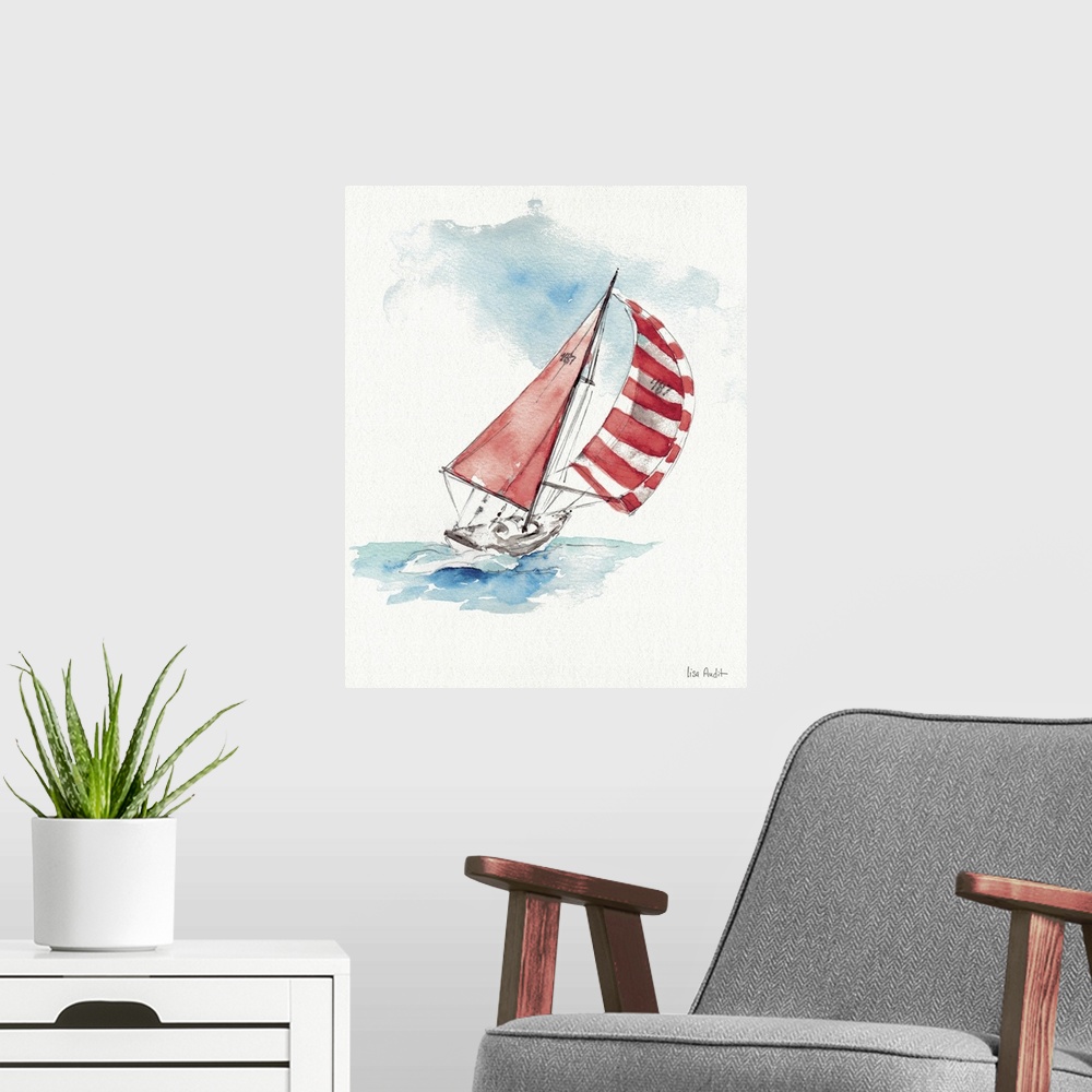 A modern room featuring Contemporary artwork of a sailboat with a red and white sail.