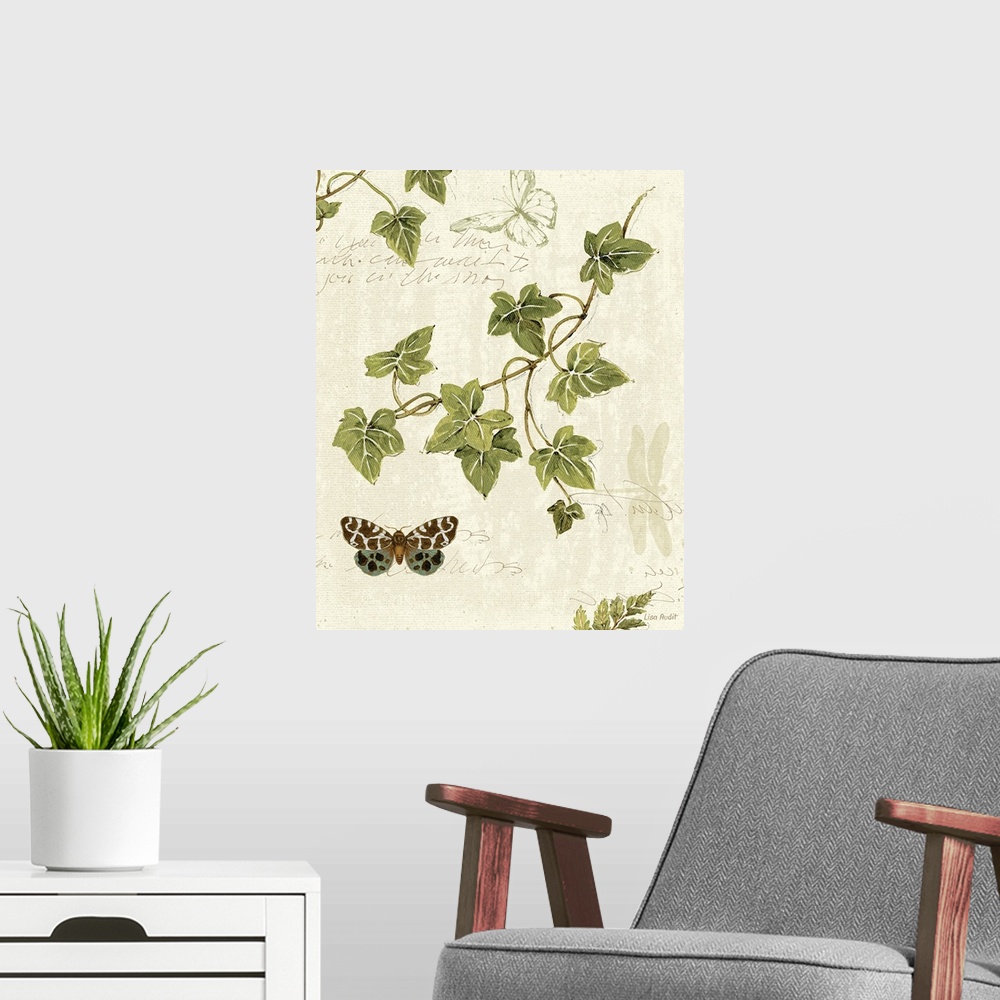 A modern room featuring Botanical illustration featuring green ivy twigs and butterflys on a neutral background with curs...