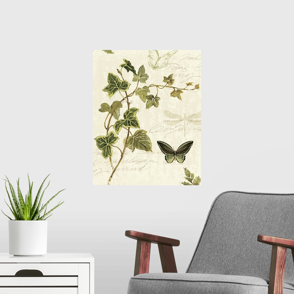 A modern room featuring Large painting of leaves with writing and butterflies on top of a washed out background.