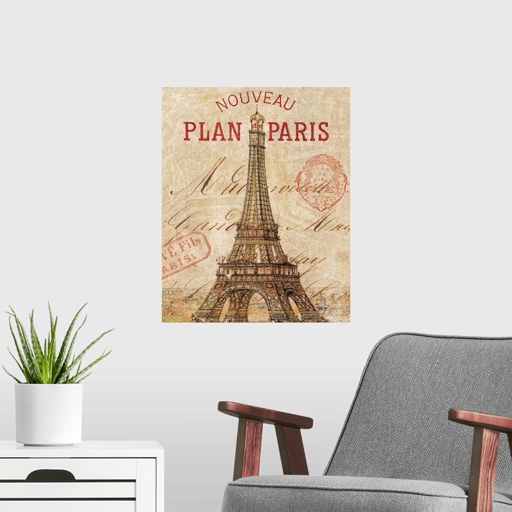 A modern room featuring Big illustration portrays a vintage postcard from France that includes the famous landmark found ...