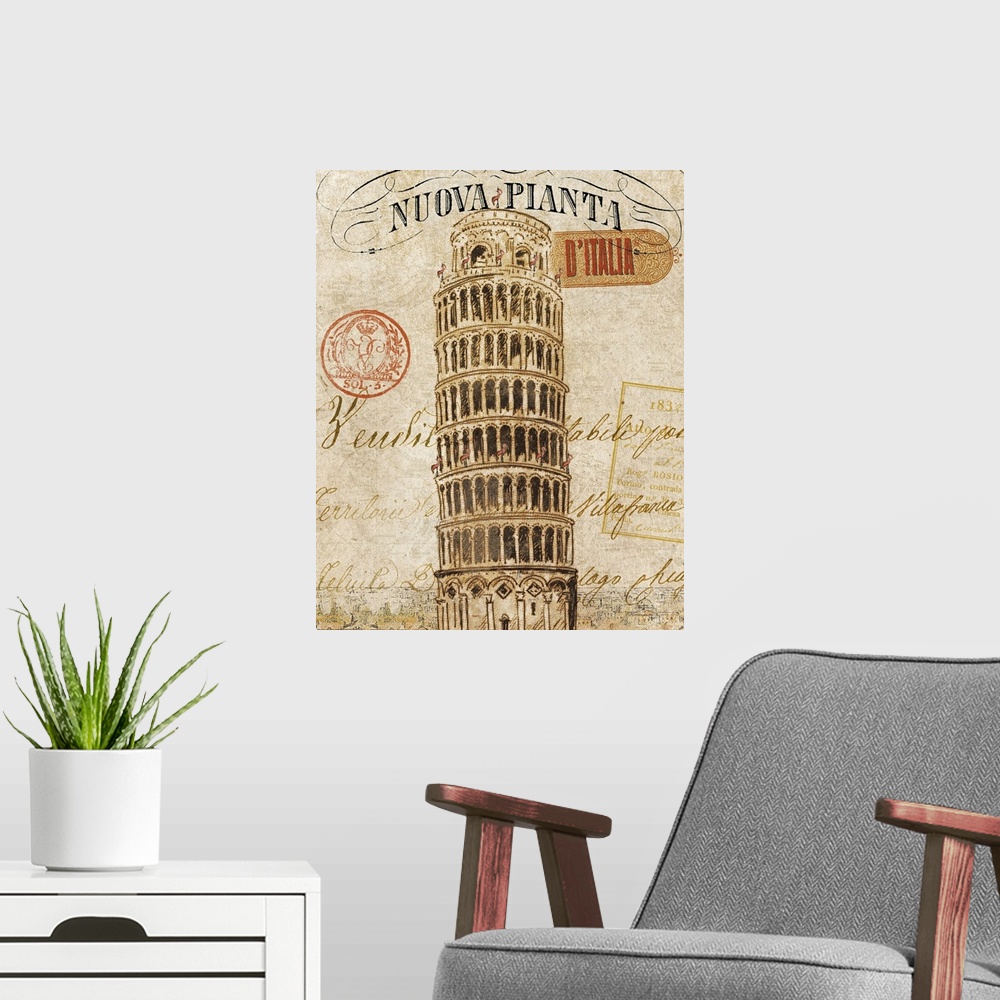 A modern room featuring Wall docor featuring a vintage postcard design of the Leaning Tower of Pisa.
