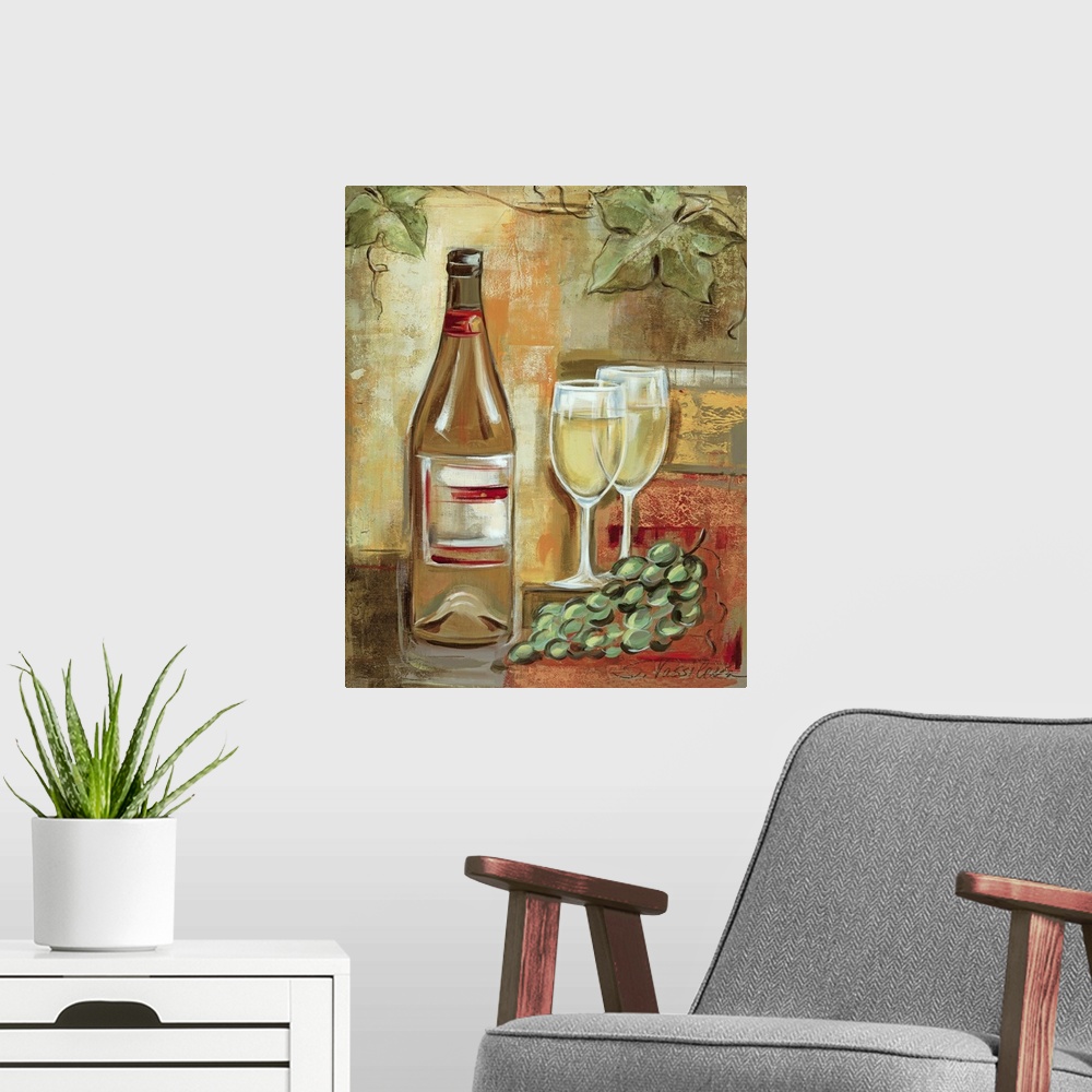 A modern room featuring Oversized vertical painting of a wine bottle next to two glasses of white wine and a bunch of gra...