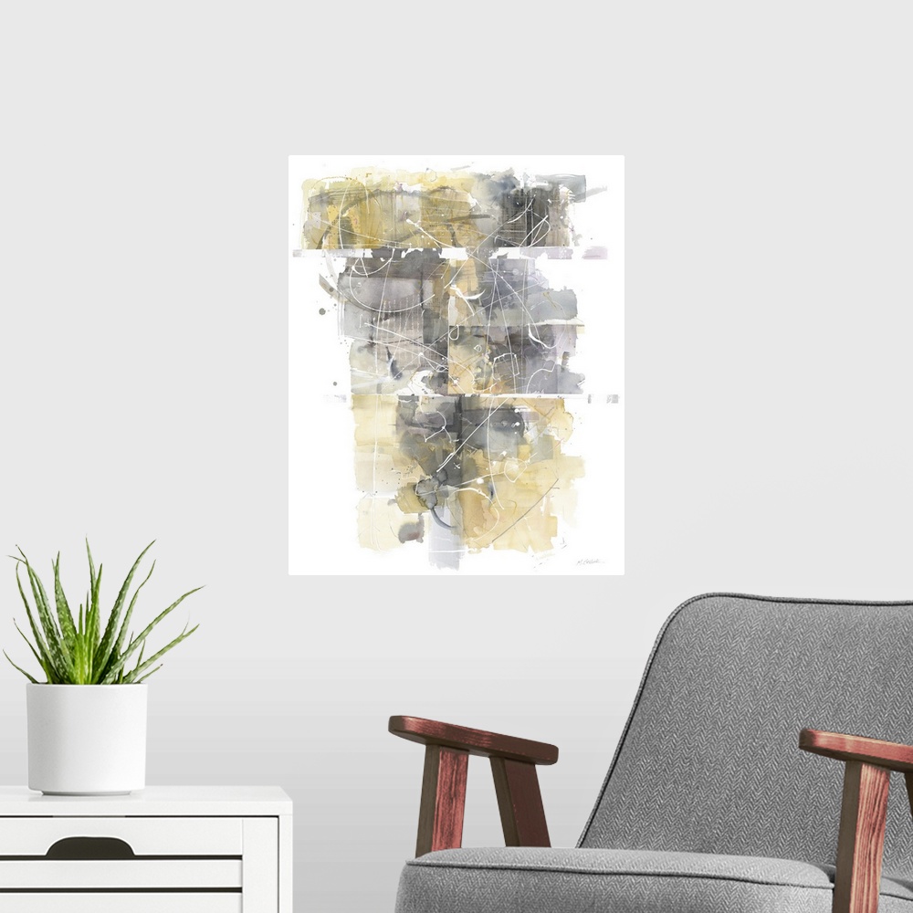 A modern room featuring Large busy abstract painting in shades of grey and yellow.