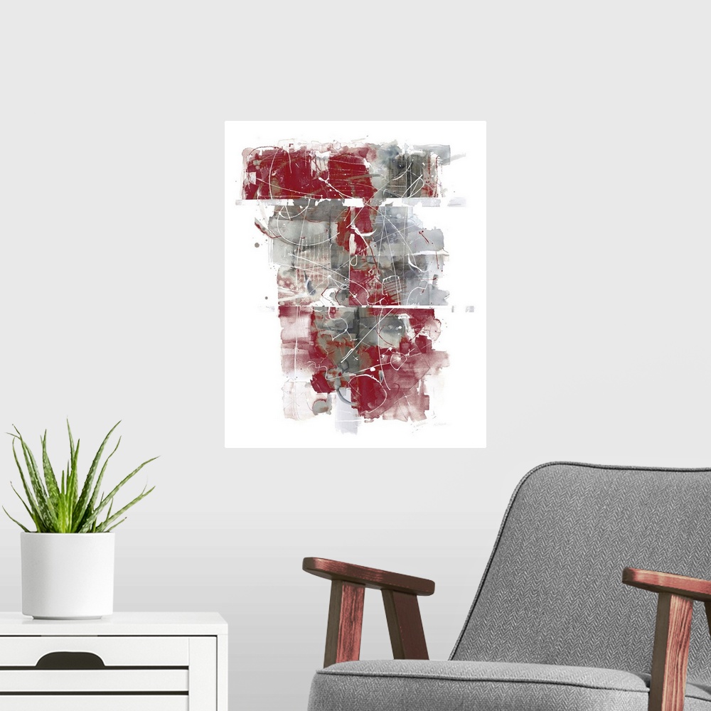 A modern room featuring Large abstract painting with gray and red hues layered on top of each other and thin, squiggly, w...