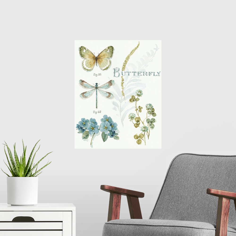 A modern room featuring Watercolor painting of a butterfly and a dragonfly with blue flowers and fern leaves.