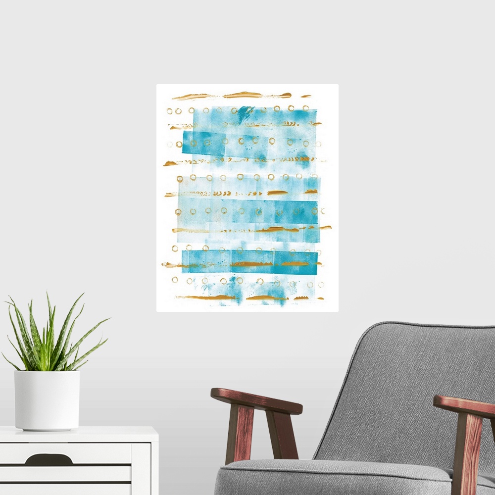 A modern room featuring Abstract watercolor painting with horizontal lines of blue rectangular boxes and metallic gold ci...
