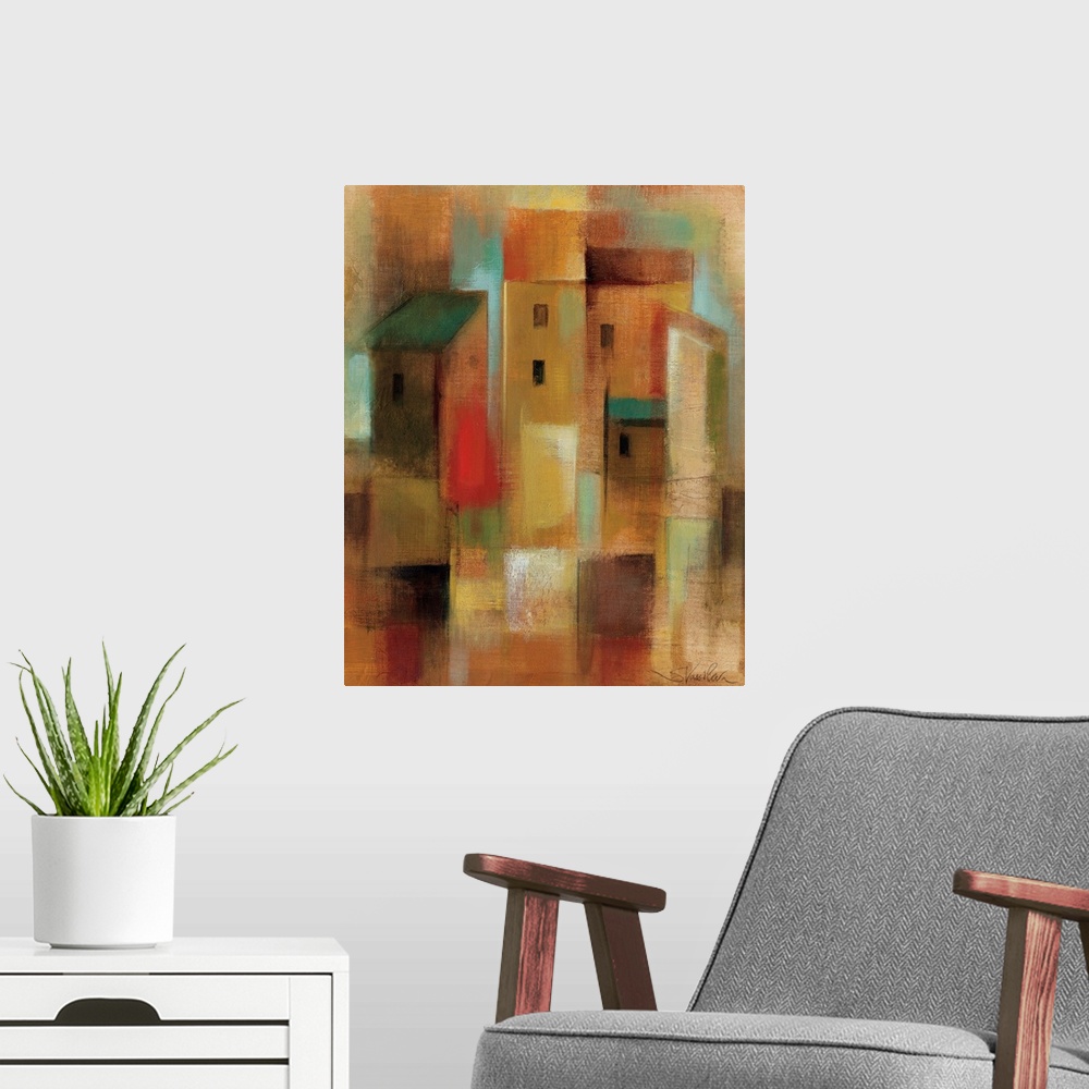 A modern room featuring Abstract painting of buildings in a town made up of patches of colors.