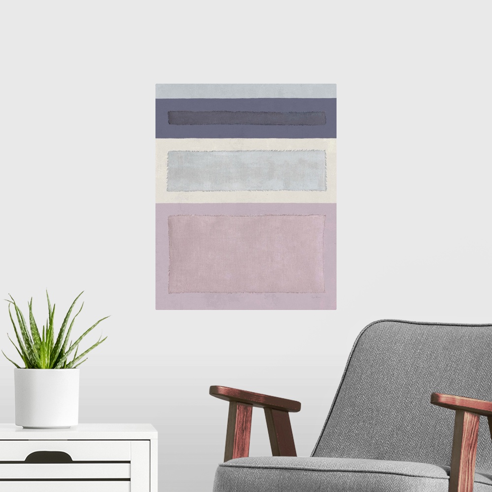 A modern room featuring Mixed media art with black, gray, and pink different sized linen rectangles stacked from thinnest...