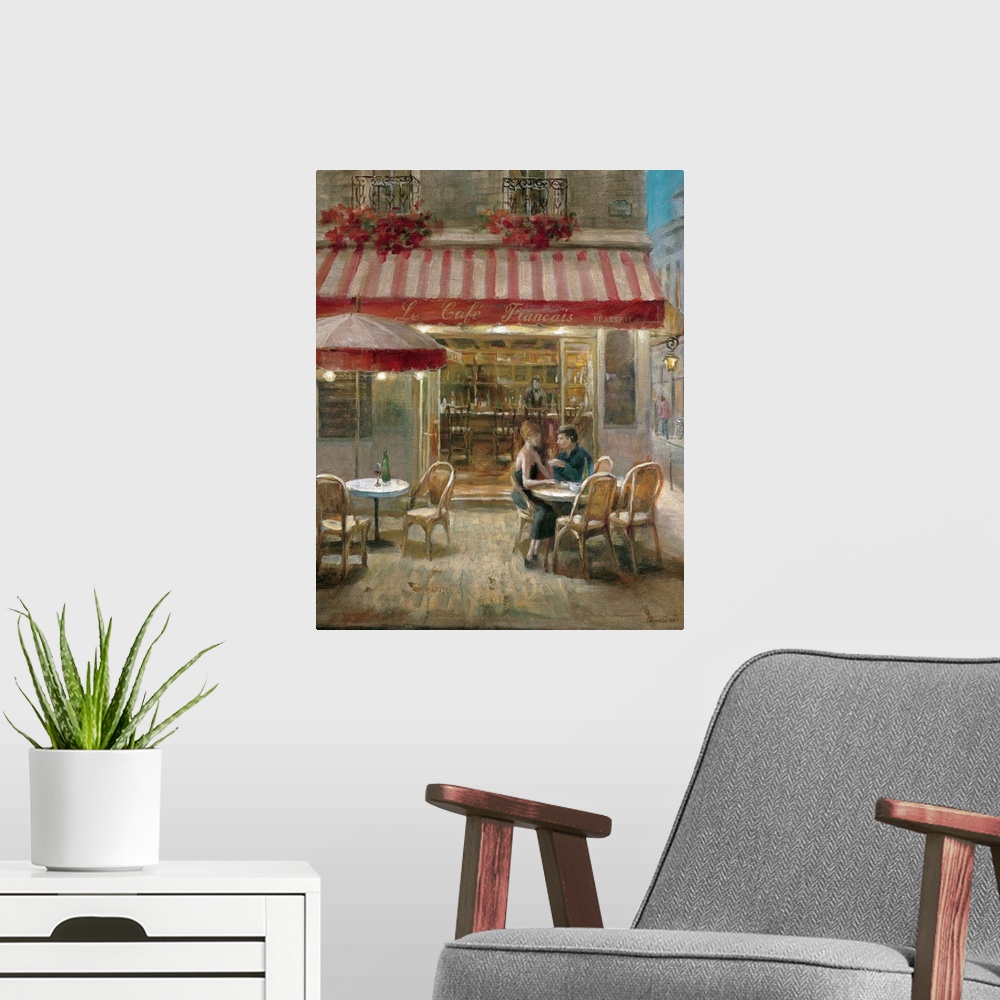 A modern room featuring Huge contemporary art depicts a couple sitting alone at a table outside of a small eatery in Fran...