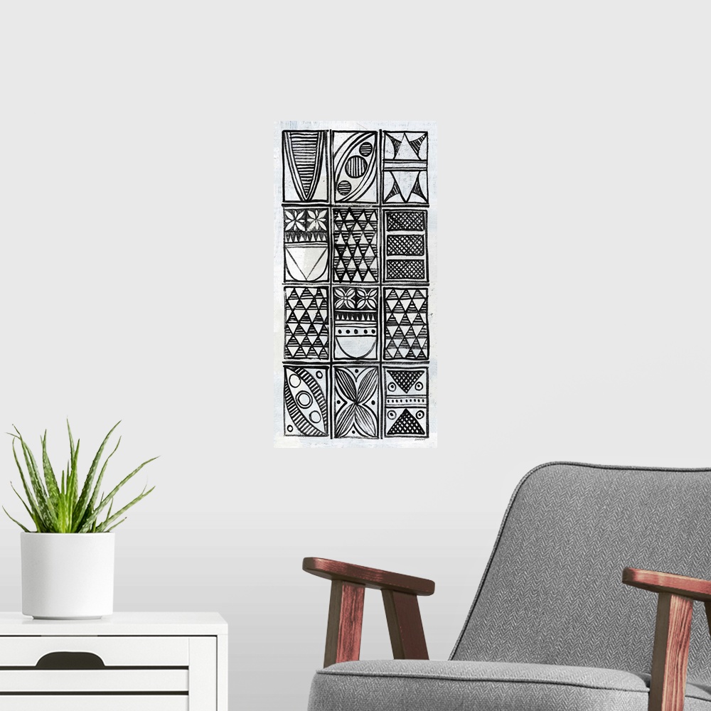A modern room featuring Black and white painting with neatly stacked rectangles filled with  different intricate designs.