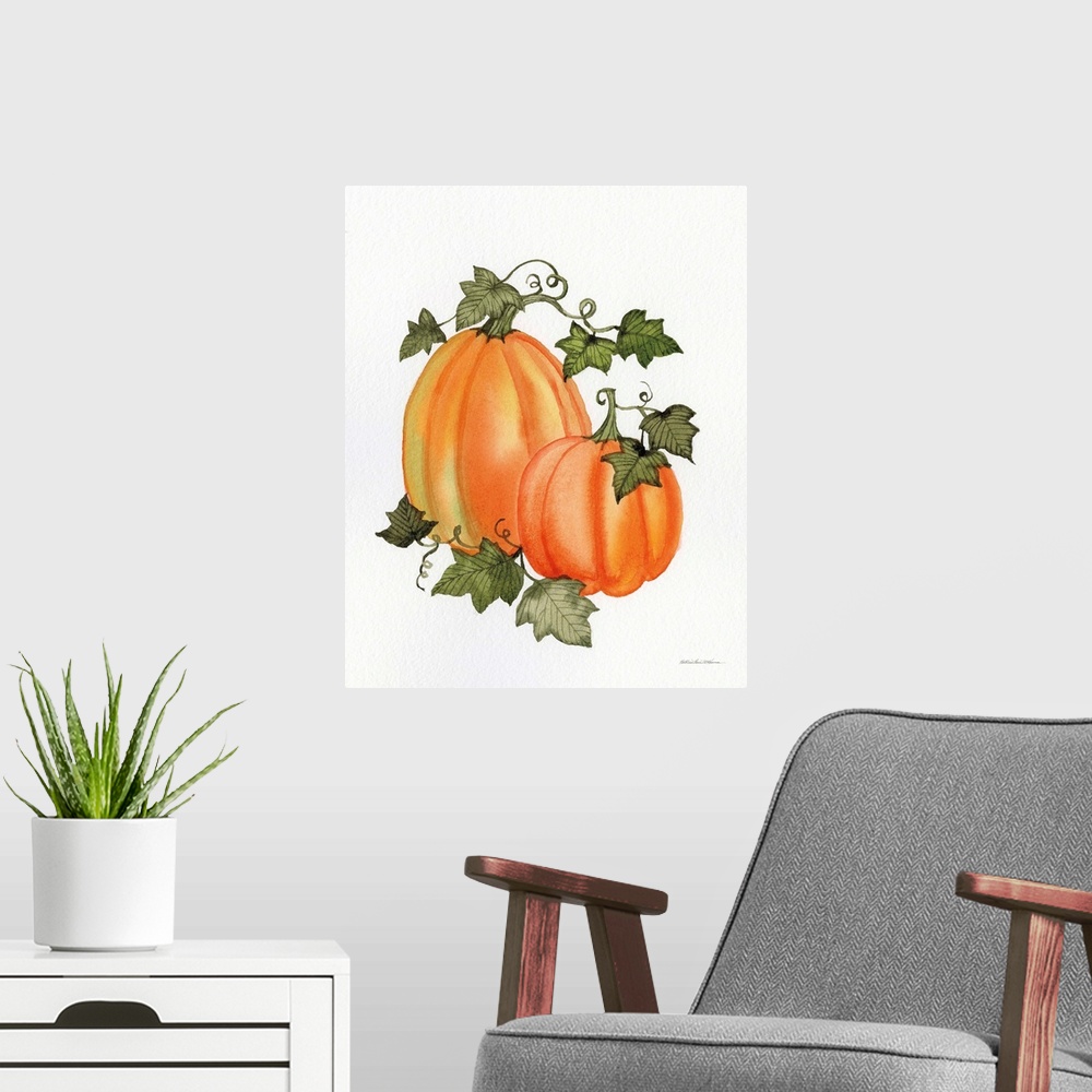 A modern room featuring Decorative artwork of two pumpkins and vines on a white background.
