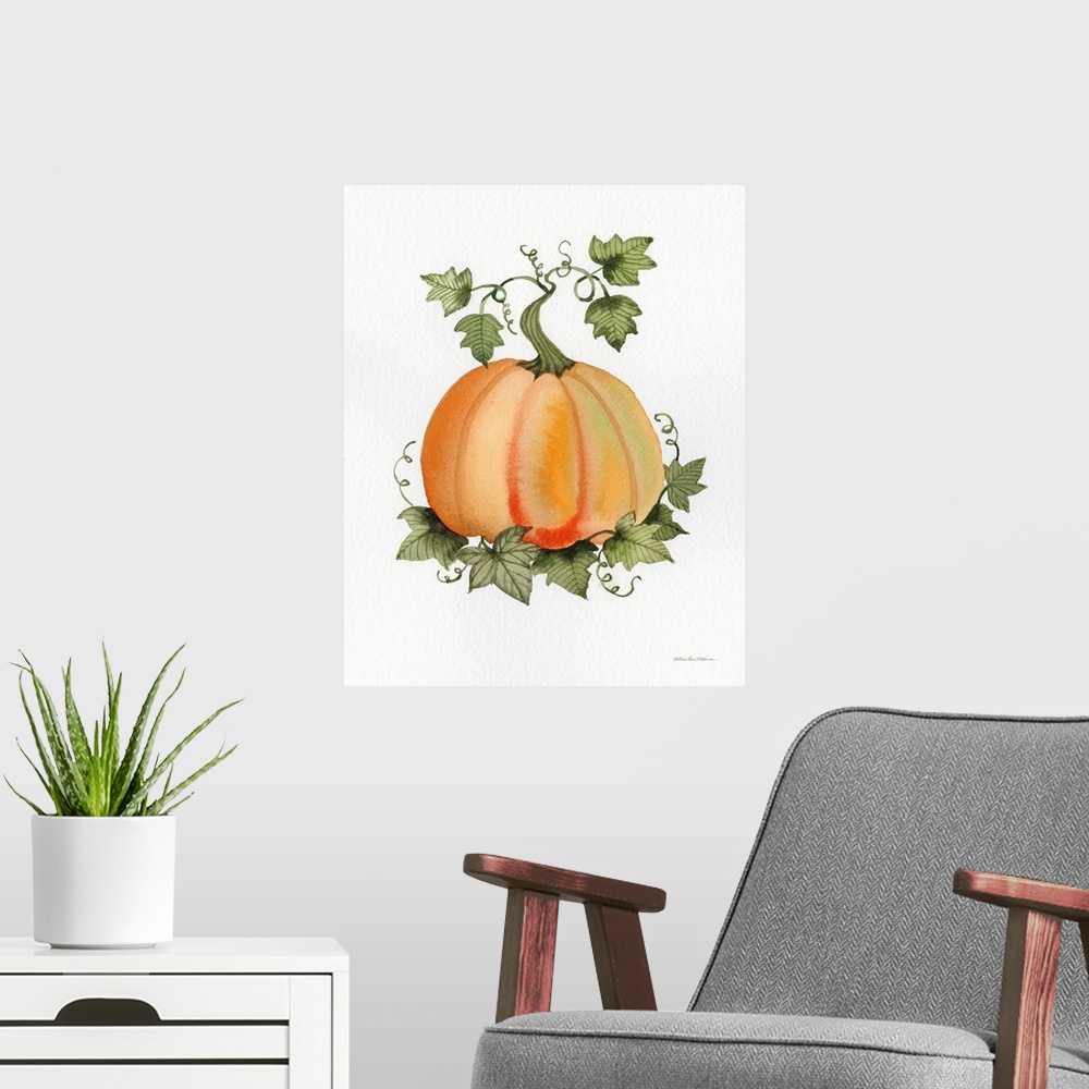 A modern room featuring Decorative artwork of an orange pumpkin and vines on a white background.