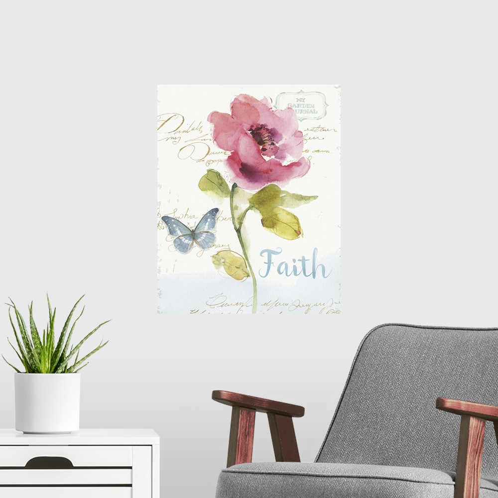 A modern room featuring Watercolor painting of a pink flower and a blue butterfly with the word "Faith" written in blue a...