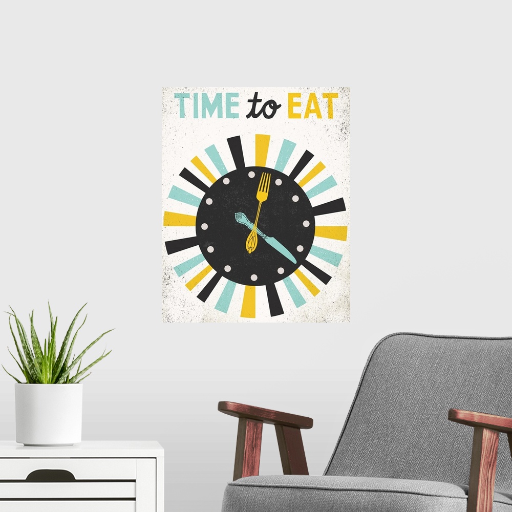A modern room featuring Cute retro sign featuring a clock with a knife and fork for hands.