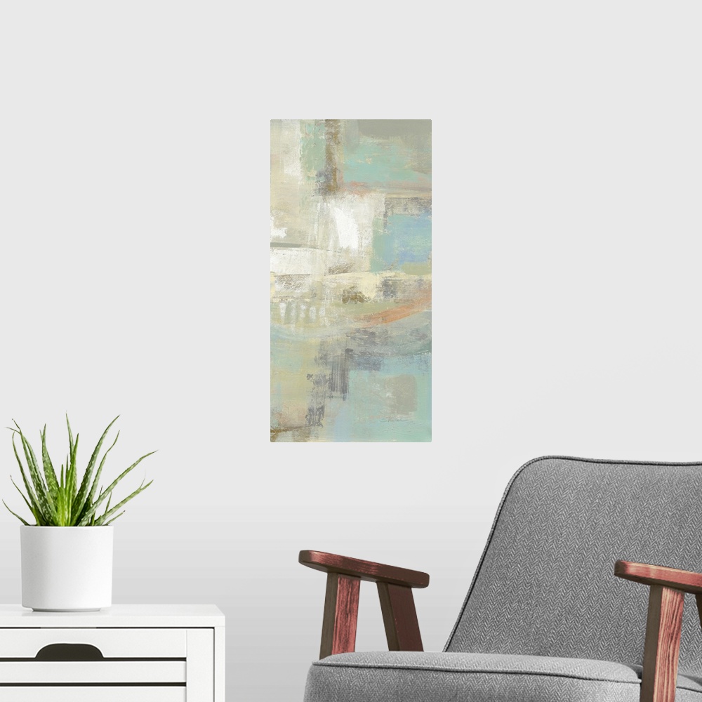A modern room featuring Vertical abstract painting of brush strokes in textured tones of blue, green and white.