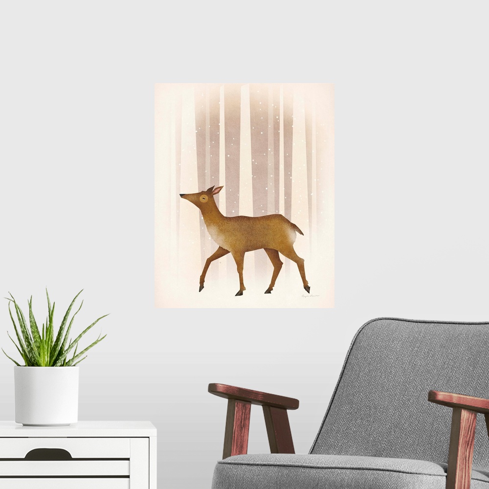A modern room featuring Illustration of a doe walking through snowy woods.