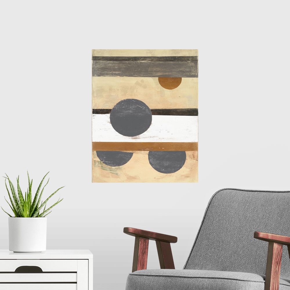 A modern room featuring Abstract painting with a striped background and circles on top in neutral colors.