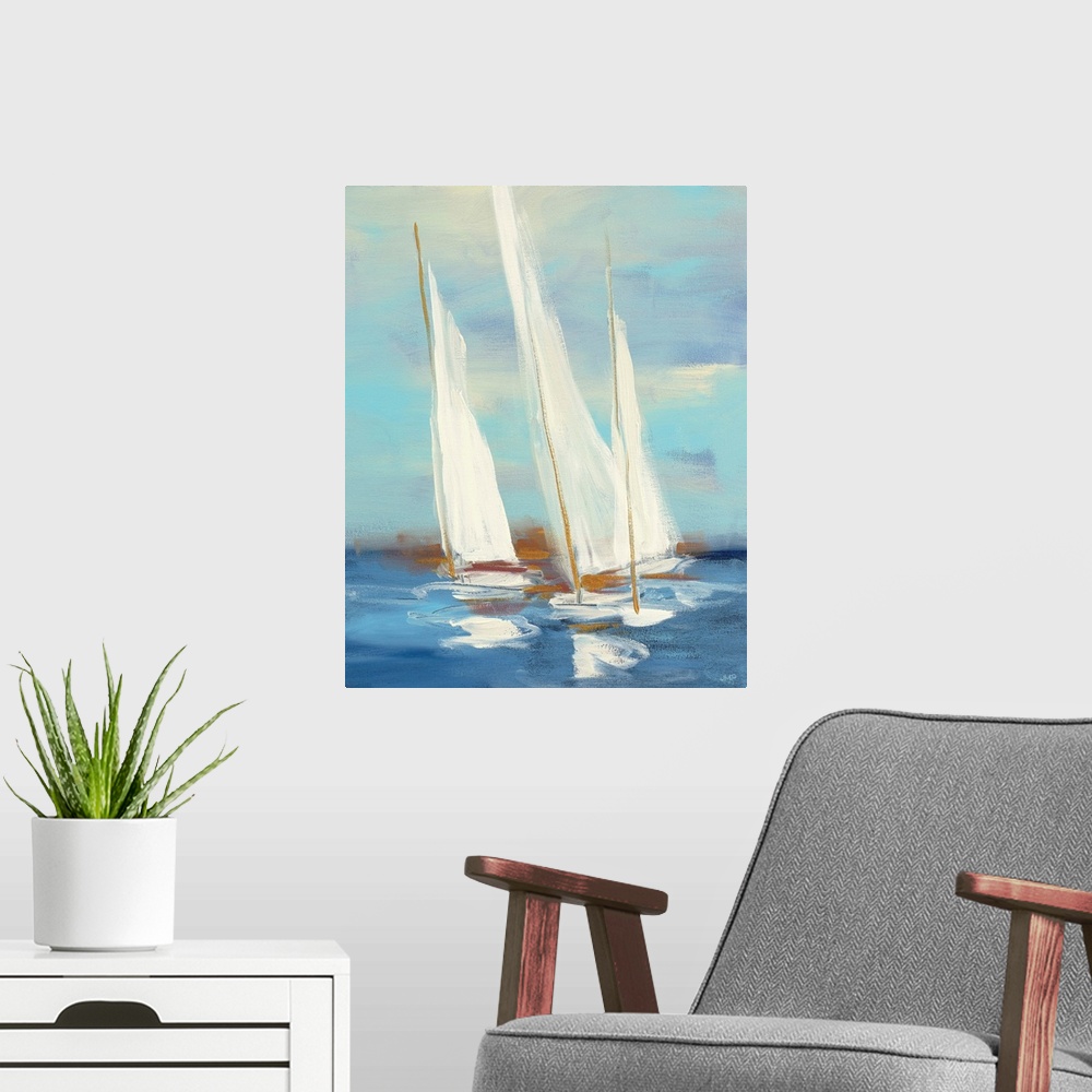 A modern room featuring Painting of sailboats in a regatta.