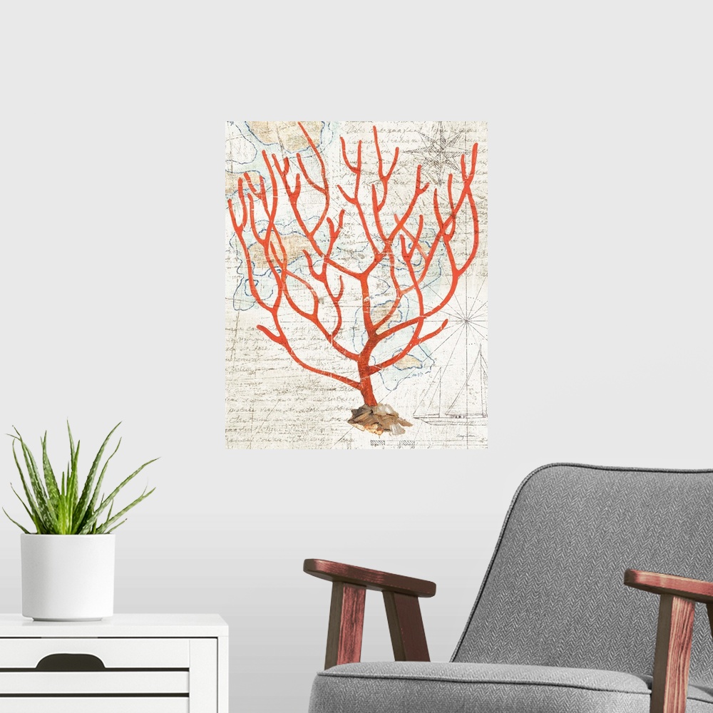 A modern room featuring Vintage stylized illustration of red coral against a vintage map background.