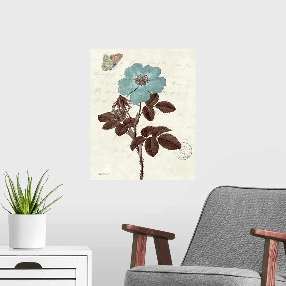 A modern room featuring Contemporary artwork of a blue flower against a rustic background with text.