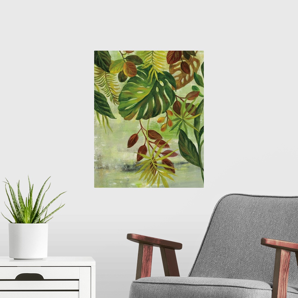 A modern room featuring Contemporary painting of several different types of tropical leaves hanging from the top of the c...