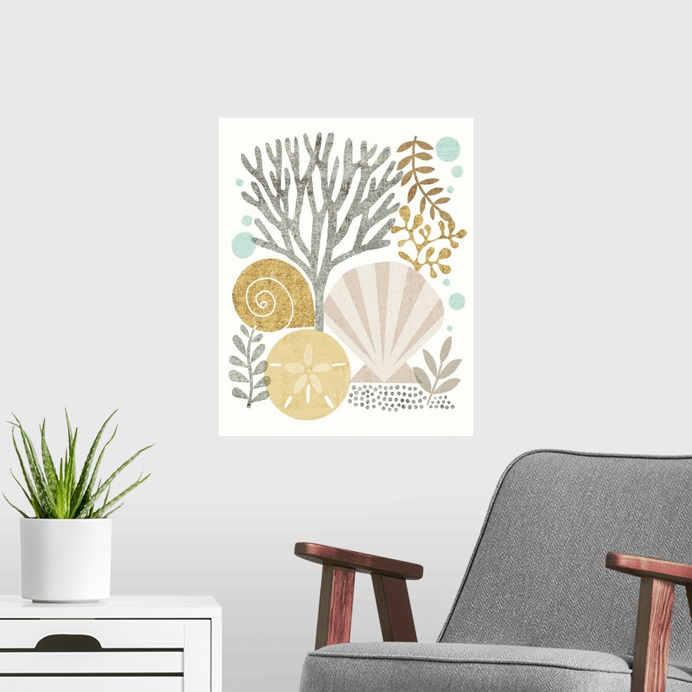 A modern room featuring Beach themed illustration with seashells, coral, a sand dollar, and various saltwater plants.