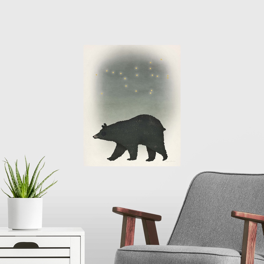 A modern room featuring Illustration of a black bear and a starry night sky.