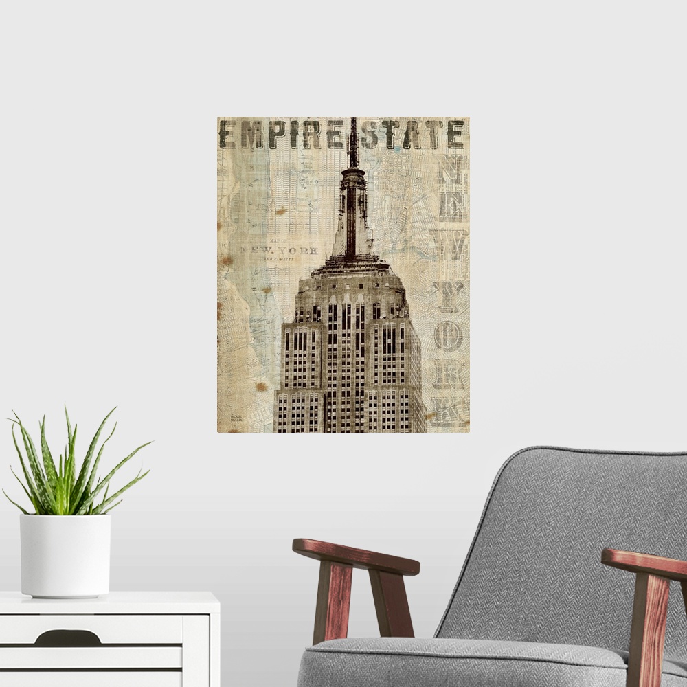 A modern room featuring Vintage NY Empire State Building