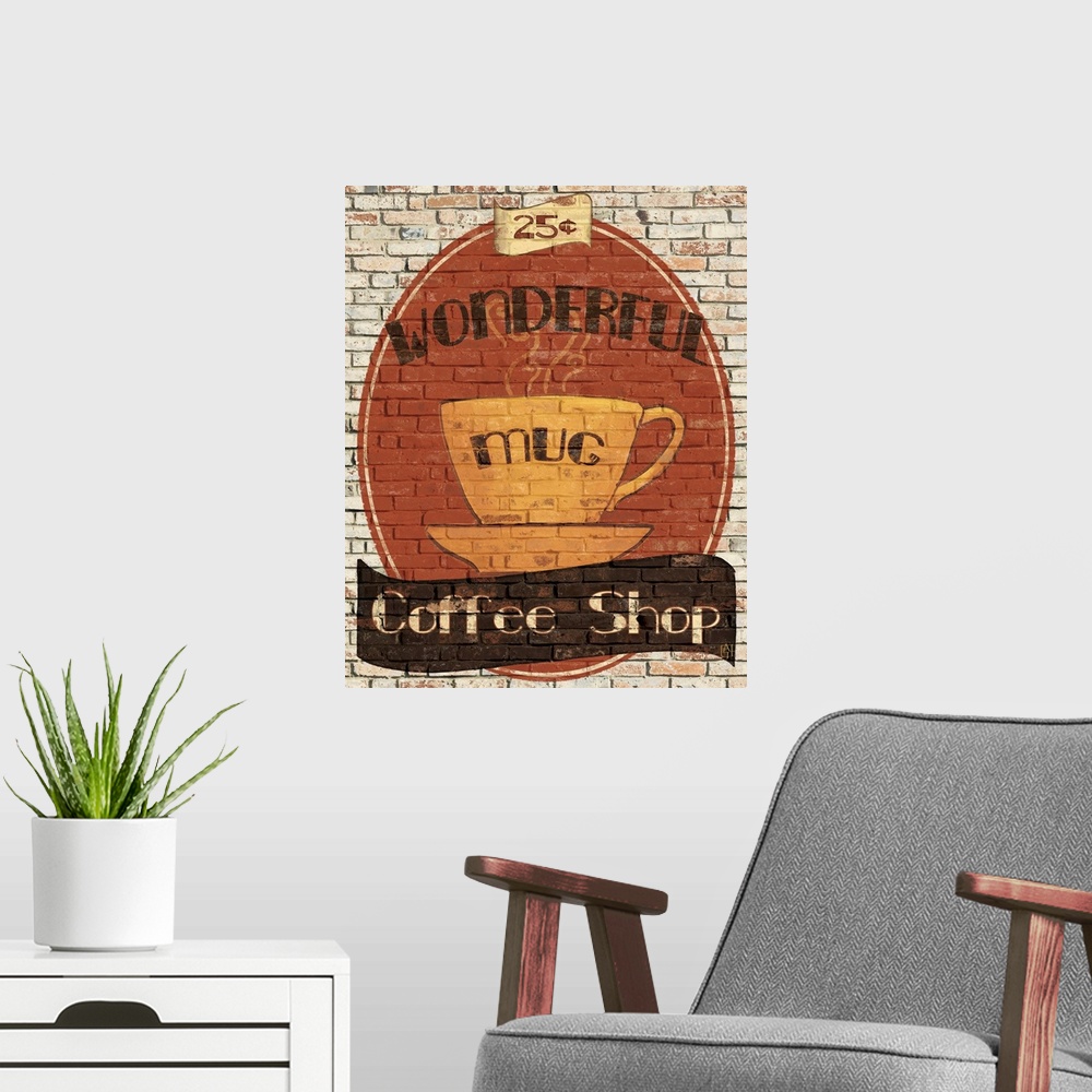 A modern room featuring Digital art that depicts an old type coffee shop ad on the side of the brick building with a coff...