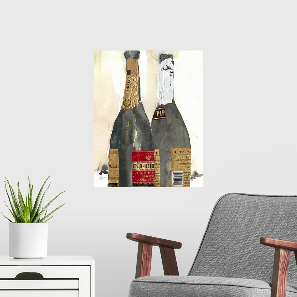 A modern room featuring Watercolor painting of two champagne bottles, embellished with foil.