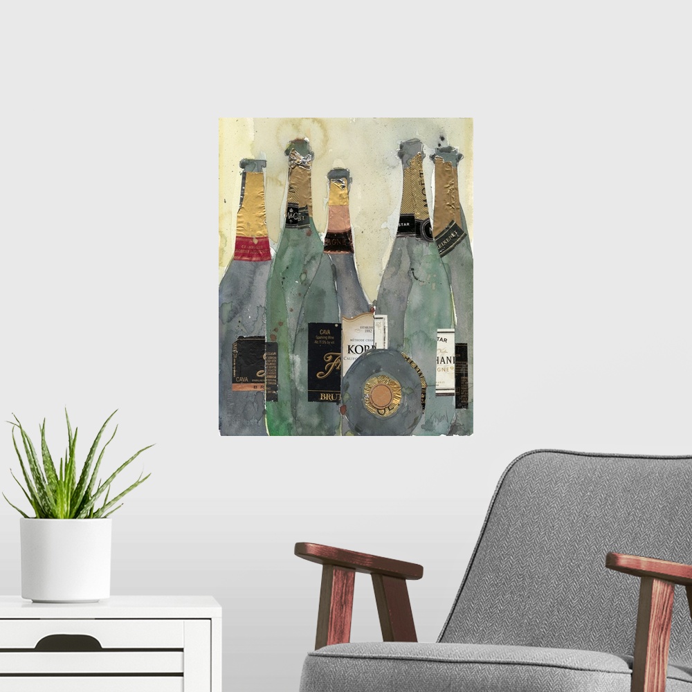 A modern room featuring Still life painting of six opened bottles of champagne.