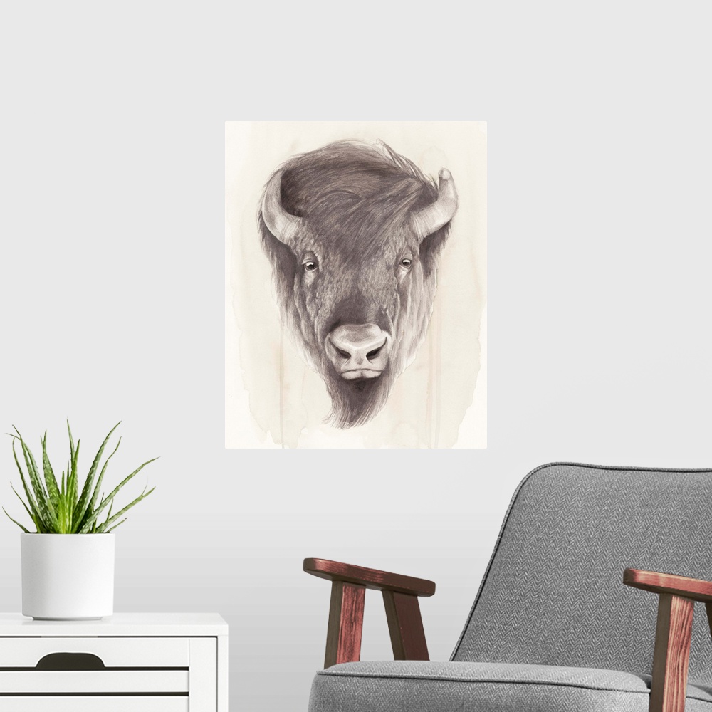 A modern room featuring Contemporary illustration of a bison head against a tan background.