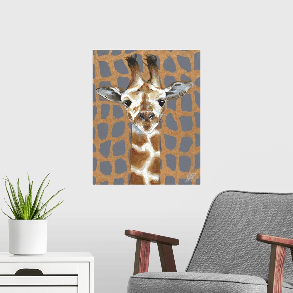 A modern room featuring A delightful portrait of a giraffe with a gray and metallic gold giraffe patterned background.