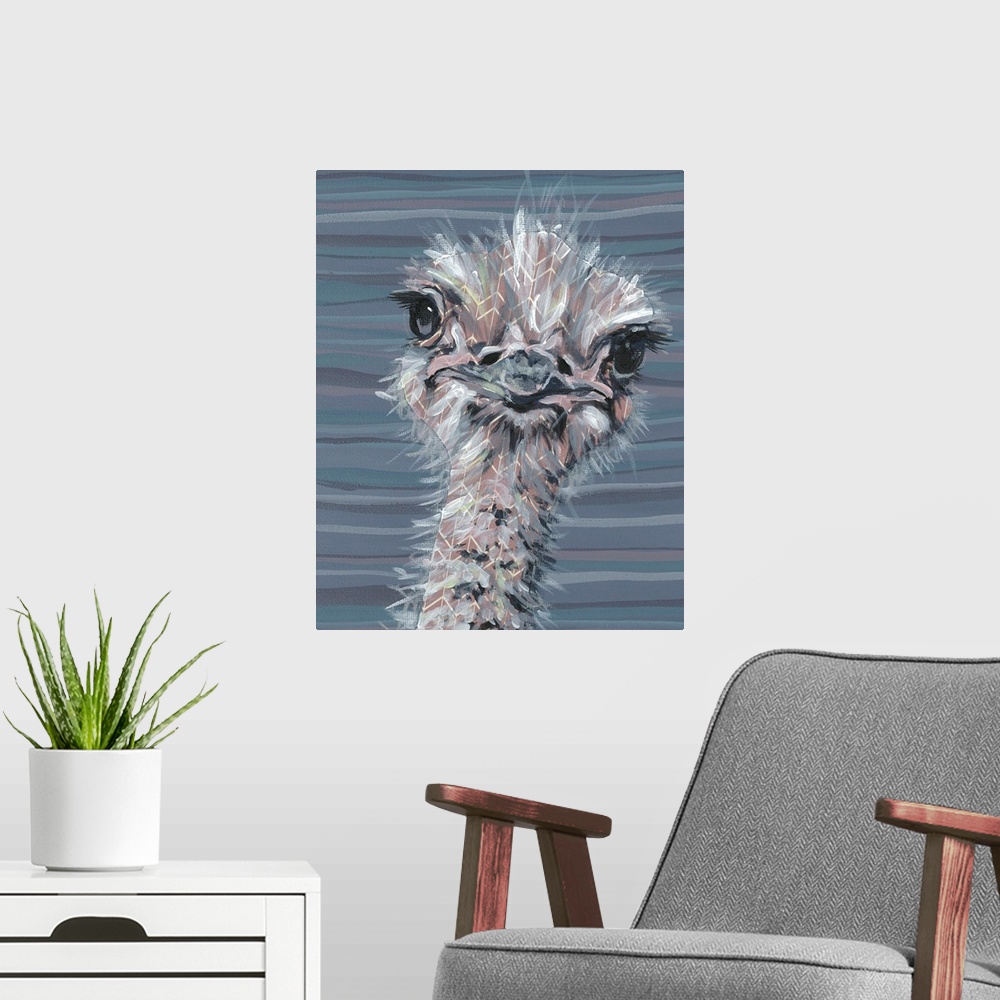 A modern room featuring A engaging portrait of an ostrich with a grey, pink and blue striped background.