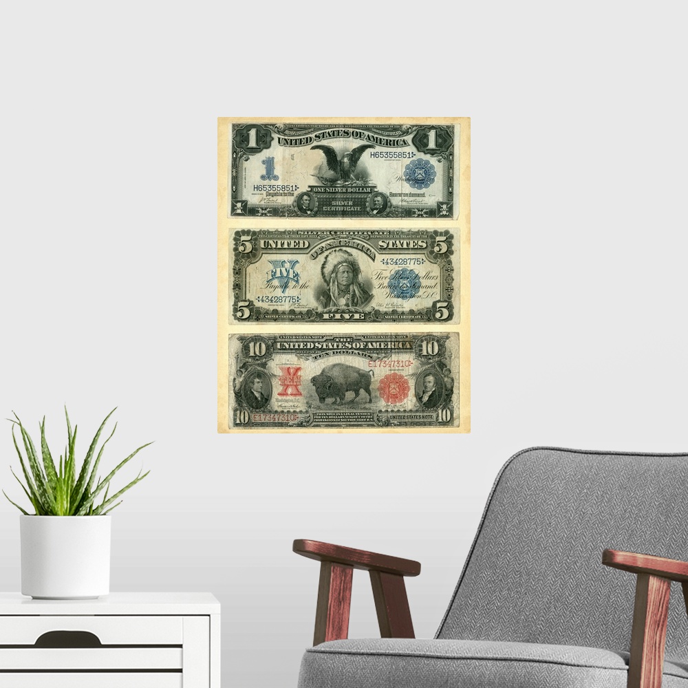 A modern room featuring Antique Currency VI