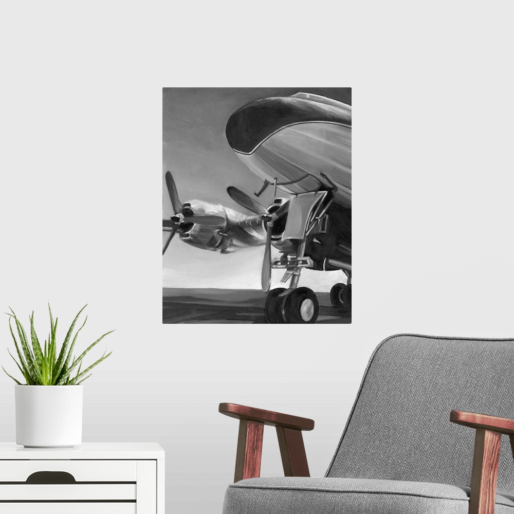 A modern room featuring Brush strokes in gray tones create a reflective plane and propeller in this contemporary artwork.