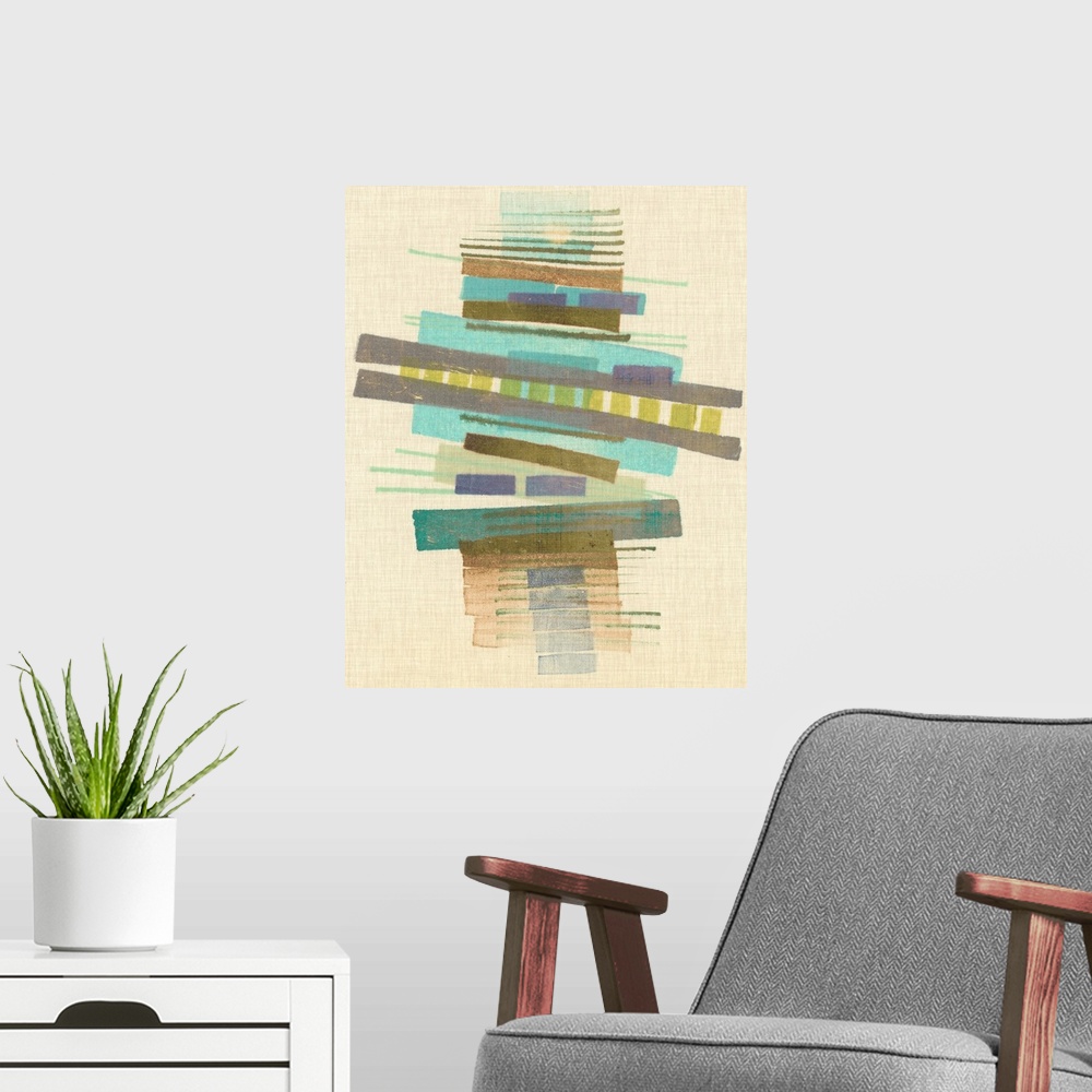 A modern room featuring Mid-century inspired abstract artwork using muted colors in stacked rectangular shapes.
