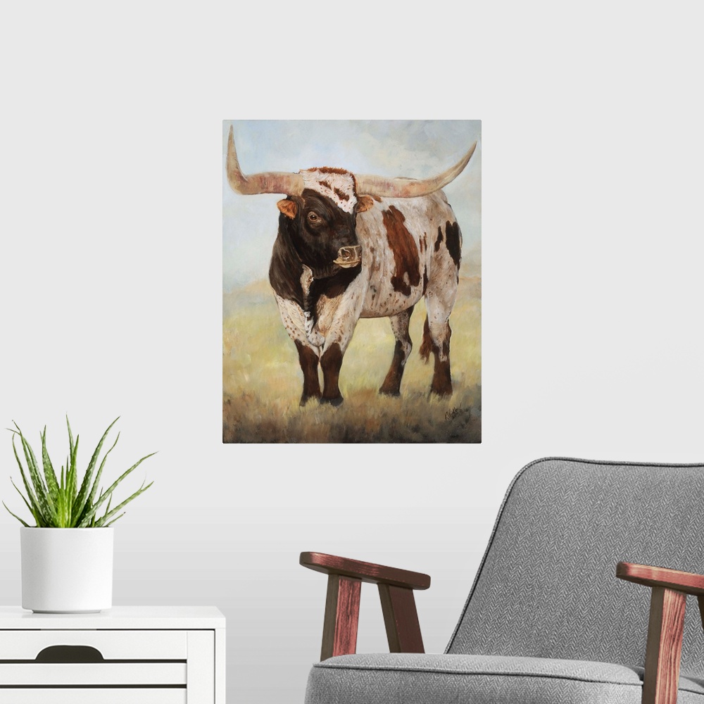 A modern room featuring Horizontal contemporary artwork of a longhorn cow grazing on a field in cool tones.